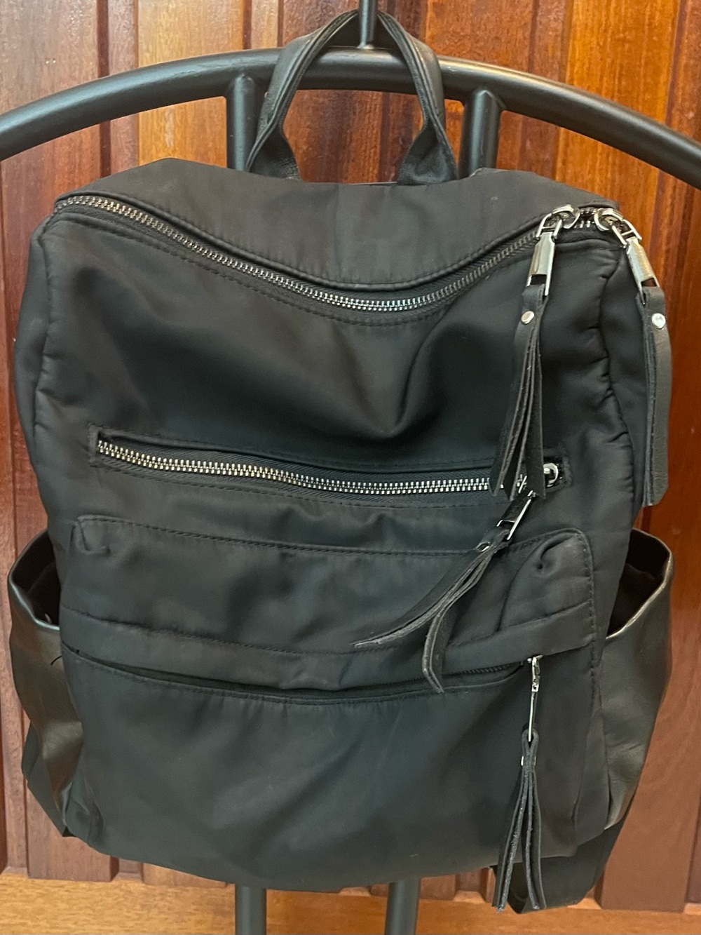 Black Satin & Leather Sophia Backpack Purse Beautiful Condition